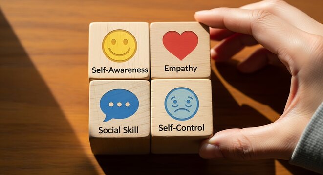 A person's hand arranging four wooden blocks illustrating the key components of emotional intelligence: self-awareness, empathy, social skill, and self-control.