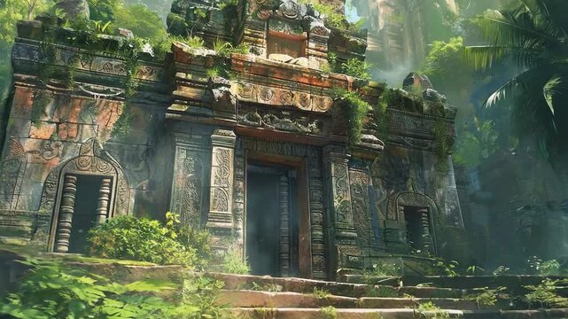 Ancient stone temple ruins overgrown with lush jungle vegetation, evoking a sense of mystery and forgotten history.
