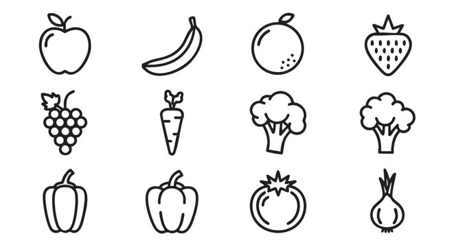 Collection of fruit and vegetable outline icons vector illustration design
