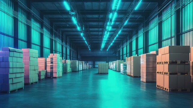 Modern warehouse interior with cardboard boxes on pallets