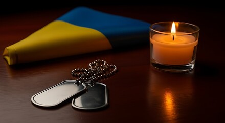 Ukrainian flag, dog tags, and candle symbolize remembrance and solidarity