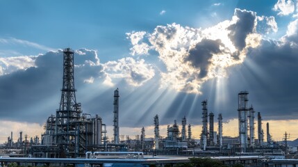 Industrial refinery silhouettes stand against a dramatic sky with sun rays and clouds offering a powerful scene of energy production
