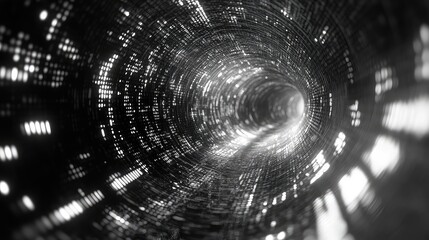 Navigating abstract data tunnel with glowing digital information
