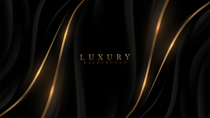Abstract black wave background and golden line curve element, Luxury banner template design concept.
