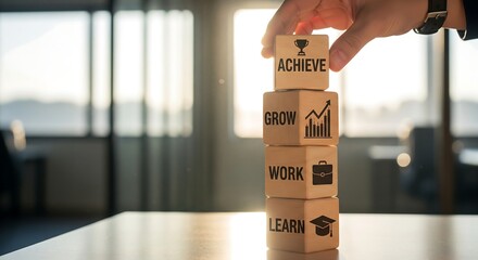 A hand stacking wooden blocks with the words Learn, Work, Grow, and Achieve, symbolizing career development and personal growth.