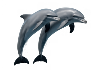Pair of dolphins jumping together from water in a dynamic acrobatic show, transparent background for design flexibility
