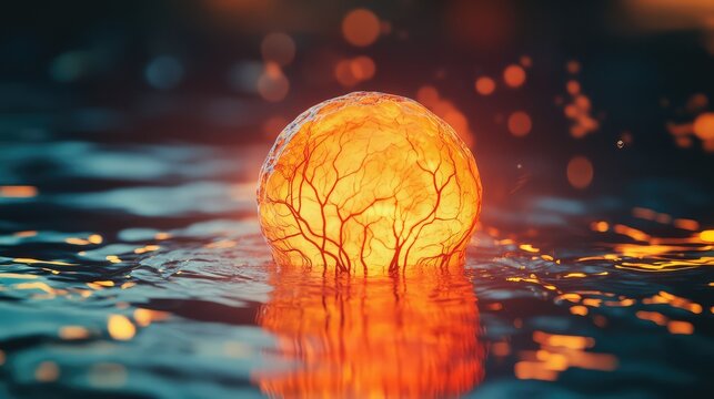 Glowing orb with energy veins floating in water