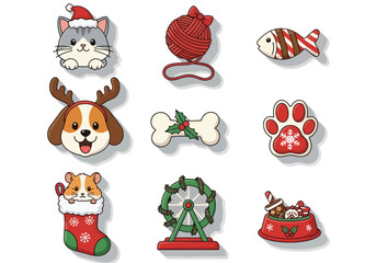 Christmas-themed pet icons featuring a cat, dog, hamster, fish, bone, paw, yarn, wheel, and food bowl, all decorated for the holiday season.