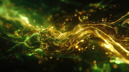 Glowing energetic particles flowing in abstract green gold light waves