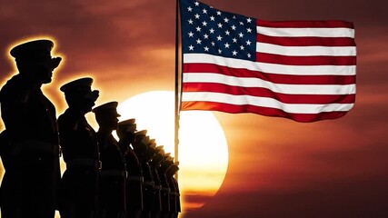 Patriotic soldiers salute the American flag at sunset, honoring freedom and service.