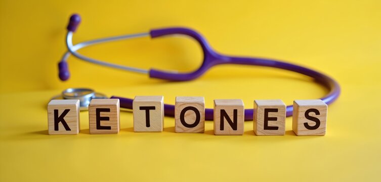 Ketones word on wooden cubes. Purple stethoscope on yellow background. Concept of health, medical diagnosis, diet. Body energy, fat burn, metabolism study. Diabetes, carb restriction, wellness,