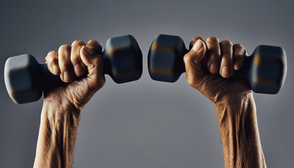 Close-up of strong elderly male hands firmly gripping black hexagonal dumbbells during a workout. Visible veins and skin texture emphasize power, determination, and lifelong fitness. Conceptual image 