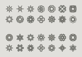 Collection of intricate geometric patterns and star-shaped designs arranged in rows against a neutral background.