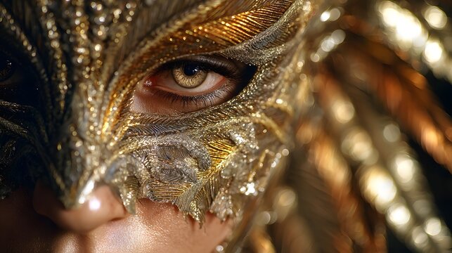 Close up of a person wearing an ornate gold and black feathered mask with a single visible eye - Powered by Adobe