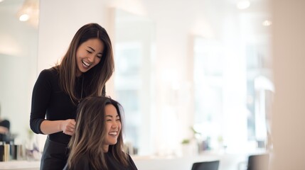 A beautifull woman is getting her hair cut by professional stylist hairdresser , smiling and laughing in the beauty salon.