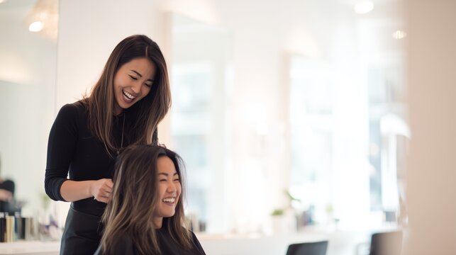 A beautifull woman is getting her hair cut by professional stylist hairdresser , smiling and laughing in the beauty salon.
 - Powered by Adobe