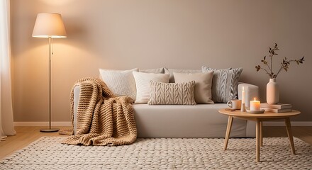 Cozy earth tones lit candles creating a serene living space Soft