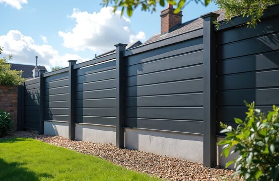 Modern anthracite slatted fence paneling installed on concrete foundation. Sleek horizontal boards offer privacy and boundary definition for home exterior. Garden boundary with neat lawn and gravel.