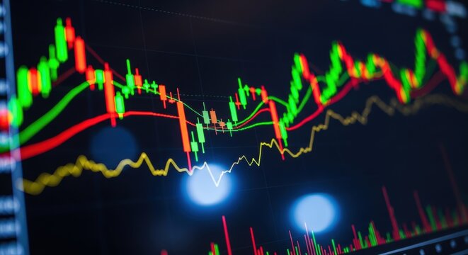 Stock market graph shows trading with candlestick chart for financial investment analysis in the fluctuating economy