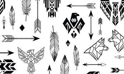 Seamless pattern with ethnic tribal feathers, arrows, wolf and eagle for your purpose