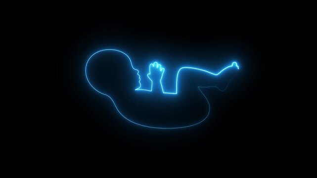 Neon newborn baby icon animation on black background, glowing infant symbol, maternity care neon outline, child healthcare illustration, bright baby sign for medical, hospital and parenting concepts