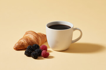 white mug filled with steaming coffee sits elegantly on pastel yellow background creating warm and inviting morning