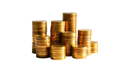 Stacks of gold coins arranged in varying heights on black