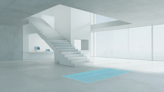 modern staircase featuring holographic evacuation route in minimalist business office