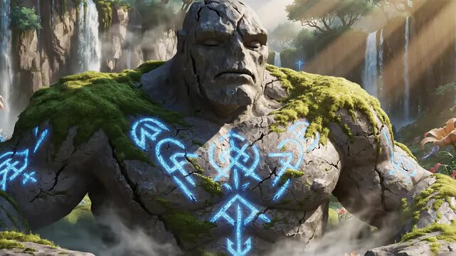 Mystical Stone Guardian in a Lush Forest: A Cinematic Fantasy Scene