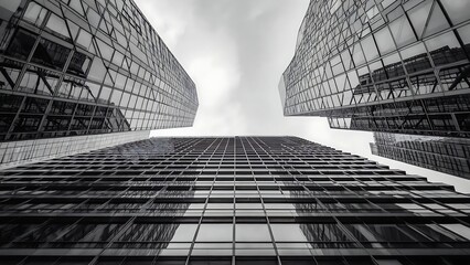 A low angle shot of modern skyscrapers reaching into the sky, showcasing architectural design and urban landscape in black and white