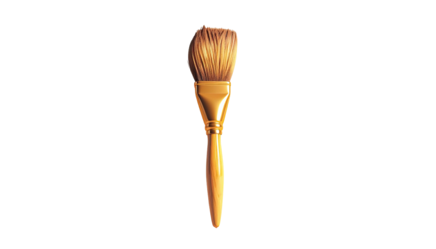 Paintbrush with tan bristles, golden handle on black backdrop