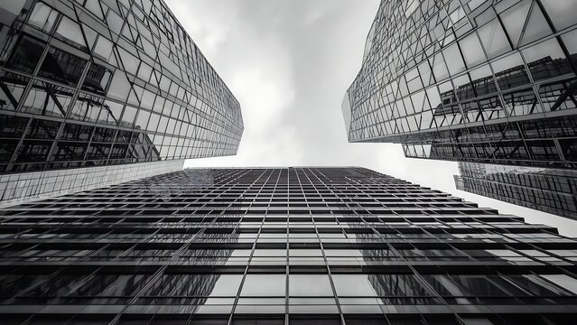 A low angle shot of modern skyscrapers reaching into the sky, showcasing architectural design and urban landscape in black and white