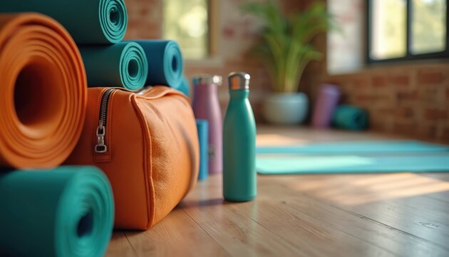 Yoga class begins soon. Stacked rolled yoga mats in orange and teal colors. Sports bag and water bottles ready. Bright room with wooden floor.