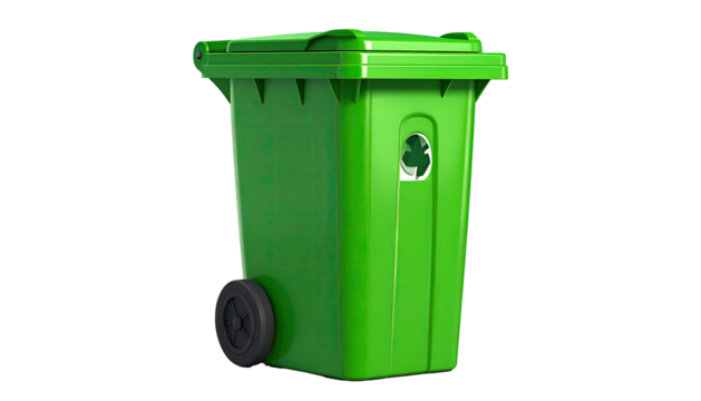 Green recycle bin with wheels on a black background