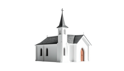 Isolated white church with steeple and arched windows, dark roof