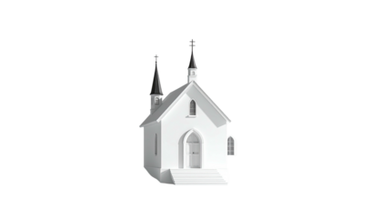 White church with spires, minimal isolated on black background