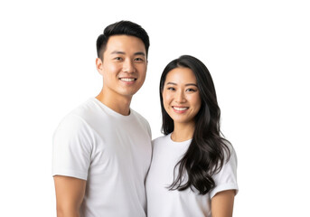 Fototapeta premium A joyful asian couple stands together smiling warmly showcasing their happiness and connection isolated on transparent background
