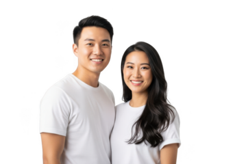 A joyful asian couple stands together smiling warmly showcasing their happiness and connection isolated on transparent background