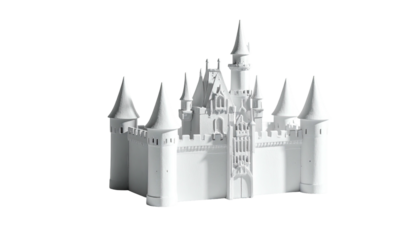 White fairytale castle with turrets, isolated, against black