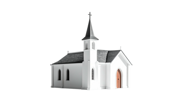 Isolated white church with steeple and arched windows, dark roof