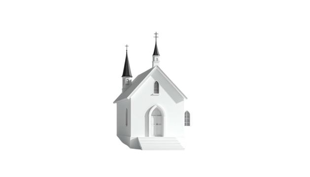 White church with spires, minimal isolated on black background