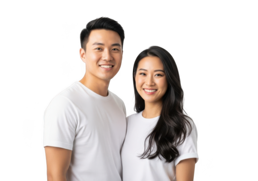 A joyful asian couple stands together smiling warmly showcasing their happiness and connection isolated on transparent background