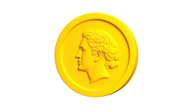 Gold coin with relief of a profile portrait on a black background