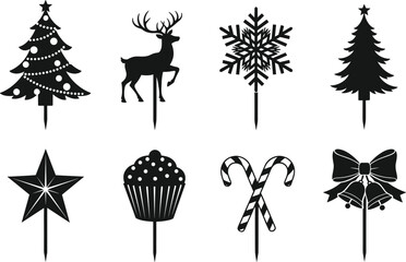 Collection of Christmas Cake Topper Silhouettes, Featuring Reindeer, Snowflakes, Decorated Trees, Cupcakes, and Candy Canes, Holiday Party Flat Vector Illustration