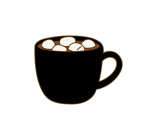 Black mug with delicious hot chocolate with marshmallows and cocoa powder.