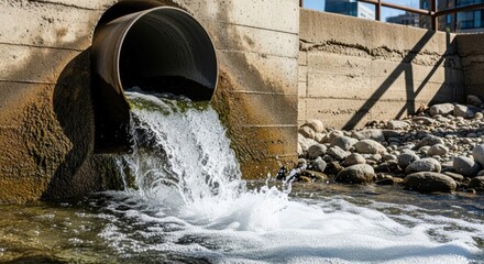 Water flows powerfully from a large metal pipe into a river creating white water bubbles and splashes near a rocky riverbank