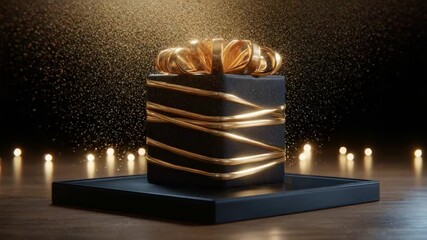A Stunningly Designed Gift Box with Elegant Golden Ribbon and Shimmering Sparkles, Enhanced by Soft Lights, Captivating the Eye in a Beautifully Crafted Presentation for Celebratory Moments