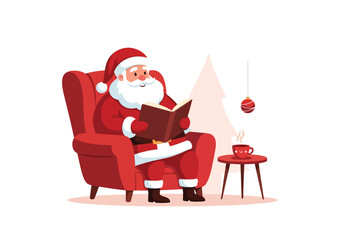 Santa Claus in his red suit reading a book, relaxing in a chair.