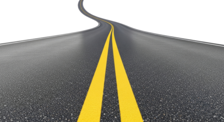 Winding asphalt road with yellow lines transparent background cutout png