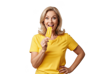 Joyful blonde woman wearing a bright yellow t shirt enthusiastically eating a delicious frozen treat on a stick isolated on transparent background